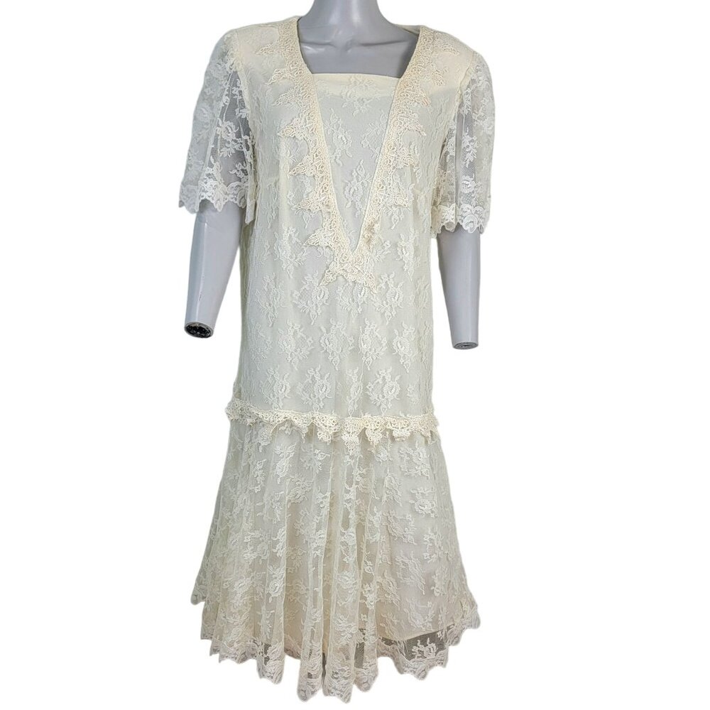 Vintage 80s Lace Midi Dress Women 12 Cream 20s Style Formal Wedding Retro Summer - Picture 2 of 13